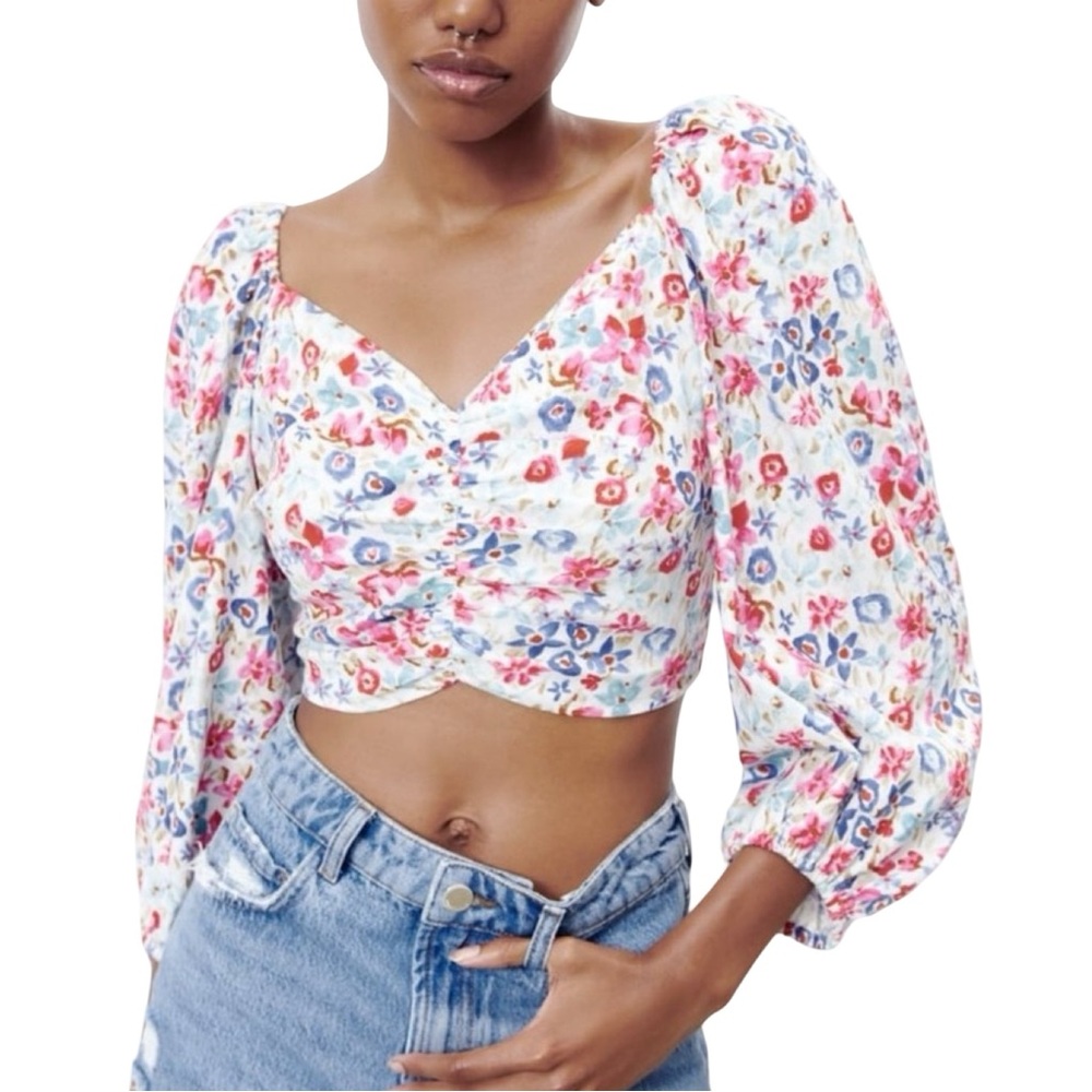 Zara Floral Linen Blend Tie Back Puff Sleeve Crop Blouse